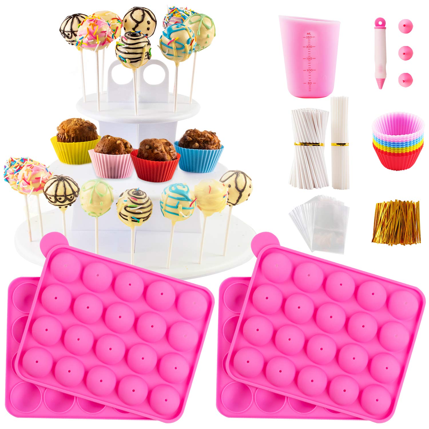 Cake Pop Maker Kit with 2 Silicone Mold Sets with 3 Tier Cake Stand, Chocolate Candy Melts Pot, Silicone Cupcake Molds, Paper Lollipop Sticks, Decorating Pen with 4 Piping Tips, Bag and Twist Ties