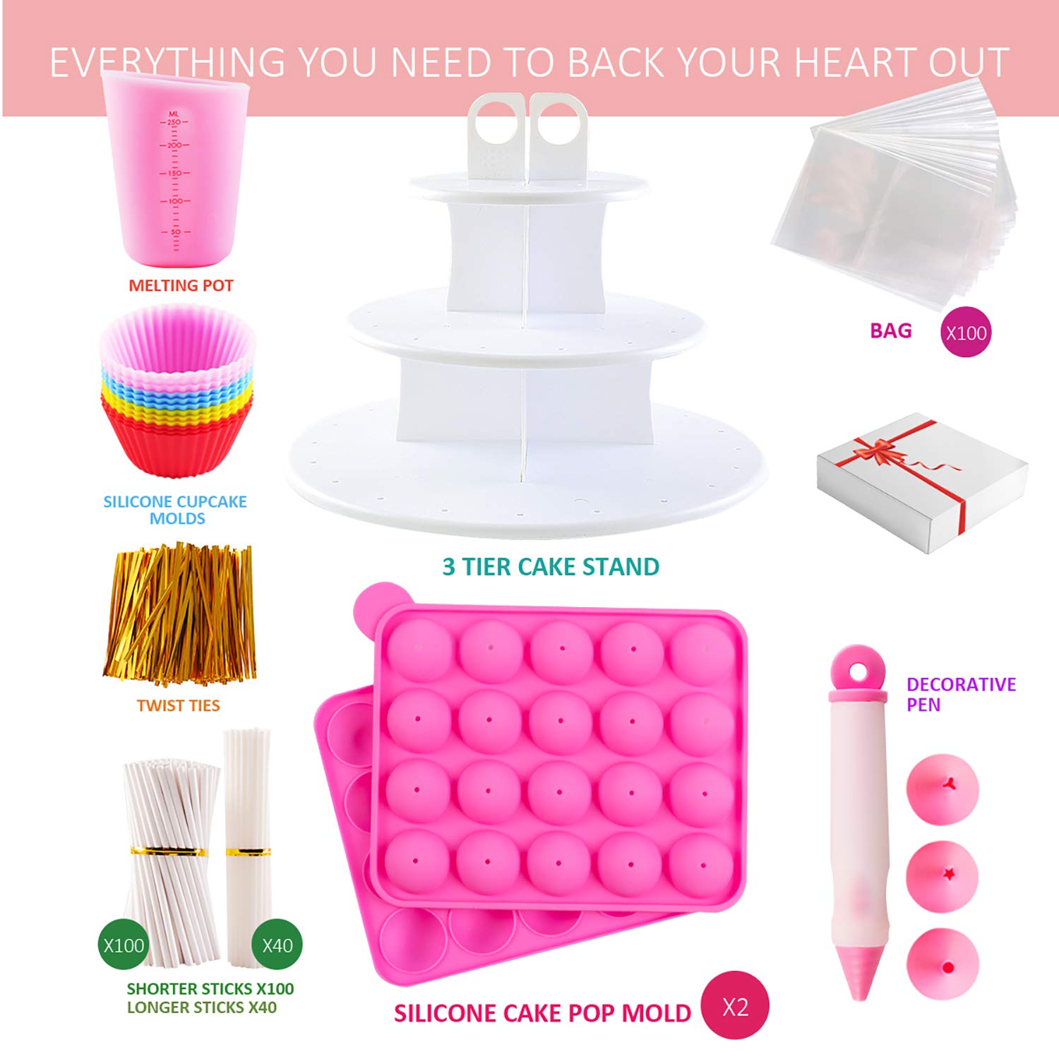 Cake Pop Maker Kit with 2 Silicone Mold Sets with 3 Tier Cake Stand, Chocolate Candy Melts Pot, Silicone Cupcake Molds, Paper Lollipop Sticks, Decorating Pen with 4 Piping Tips, Bag and Twist Ties