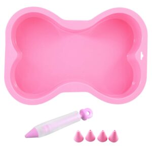 hinmay dog birthday cake mold silicone bone shape cake pan with decorating pen (pink)