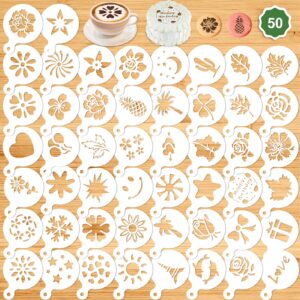 konsait 50pack cake stencil templates decoration, reusable cake cookies baking painting journal mold tools, dessert, coffee decorating molds cappuccino mousse hot chocolate for diy craft decor