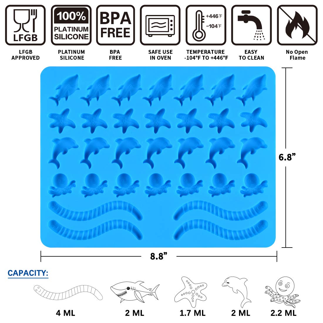 Gummy Molds Hard Candy Molds - Candy Molds Silicone Including Worms, Starfishs, Dolphins, Octopus, Sharks Sea Mold BPA Free, Pinch Test Approved Pack of 3 Ocean Molds