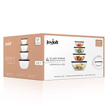 JoyJolt Kitchen Mixing Bowls - 8pc Glass Bowls with Lids Set – Neat Nesting Bowls - Large Mixing Bowl Set Batter Bowl - Cooking Bowls - Storage Bowls with Lids and Big Salad Bowl with BPA-Free Lids