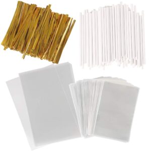 100pcs small cake pop bags with 100pcs paper lollipop sticks and 110pcs gold twist ties, clear cellophane treat wrappers and sucker sticks kit