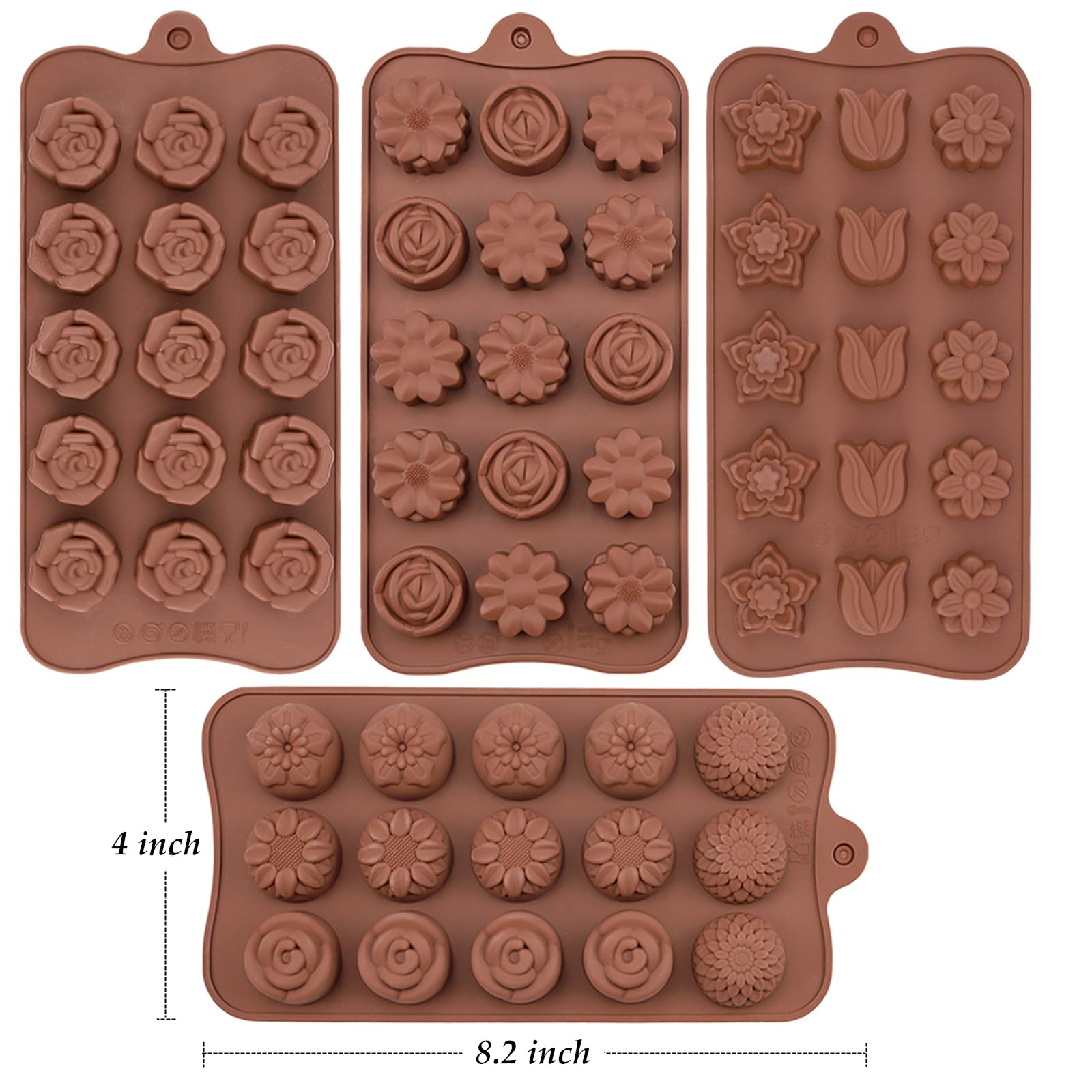 JOERSH Silicone Chocolate Molds for Fat Bombs Snacks & Truffles, 4PCS Flower Shape Silicone Molds Caramel Hard Candy Mold (11 Different Flowers)