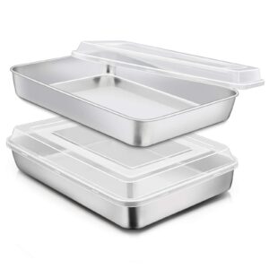 e-far stainless steel baking pan with lid, 12⅓ x 9¾ x 2 inch rectangle sheet cake pans with covers bakeware for cakes brownies casseroles, non-toxic & healthy, heavy duty & dishwasher safe - set of 2