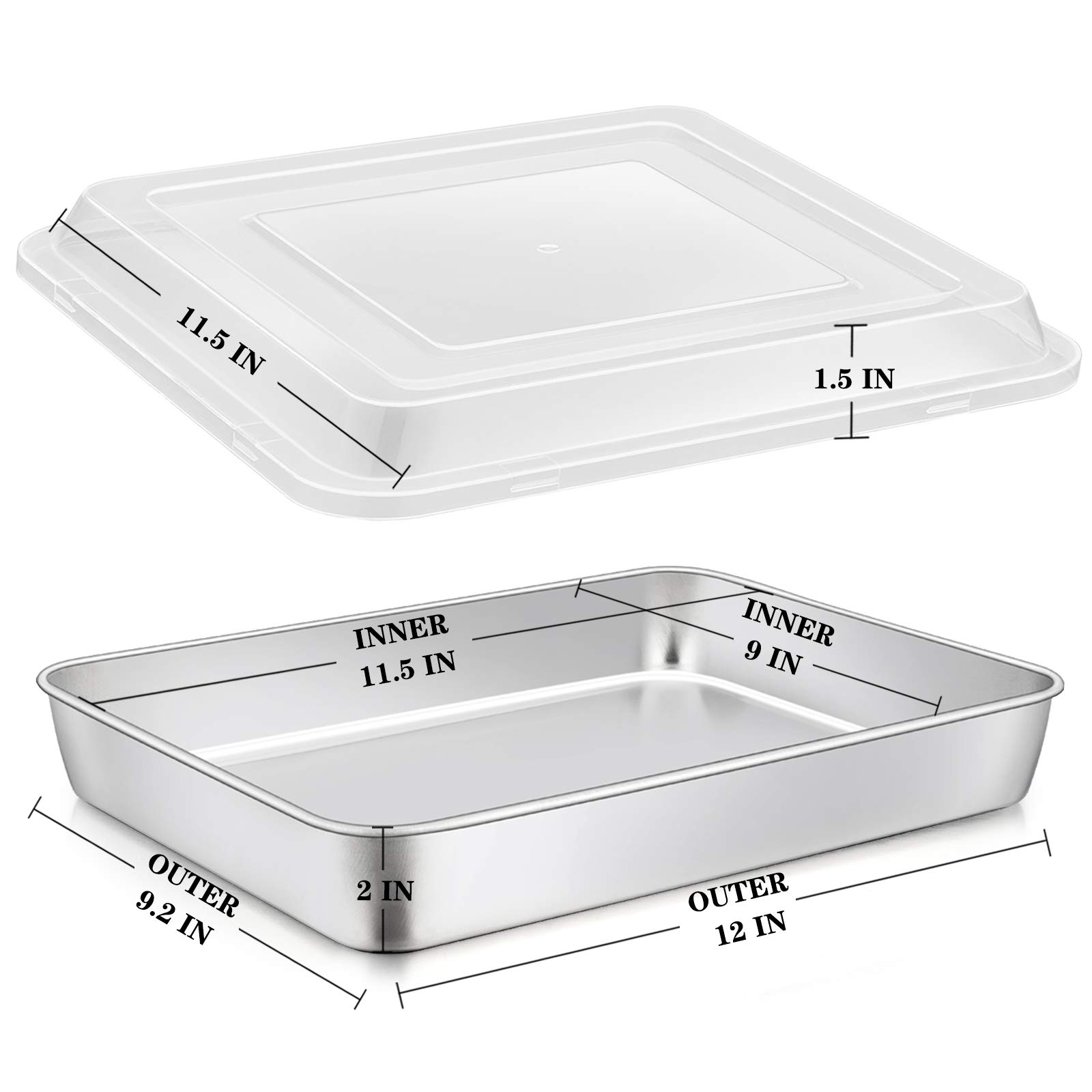 E-far Stainless Steel Baking Pan with Lid, 12⅓ x 9¾ x 2 Inch Rectangle Sheet Cake Pans with Covers Bakeware for Cakes Brownies Casseroles, Non-toxic & Healthy, Heavy Duty & Dishwasher Safe - Set of 2