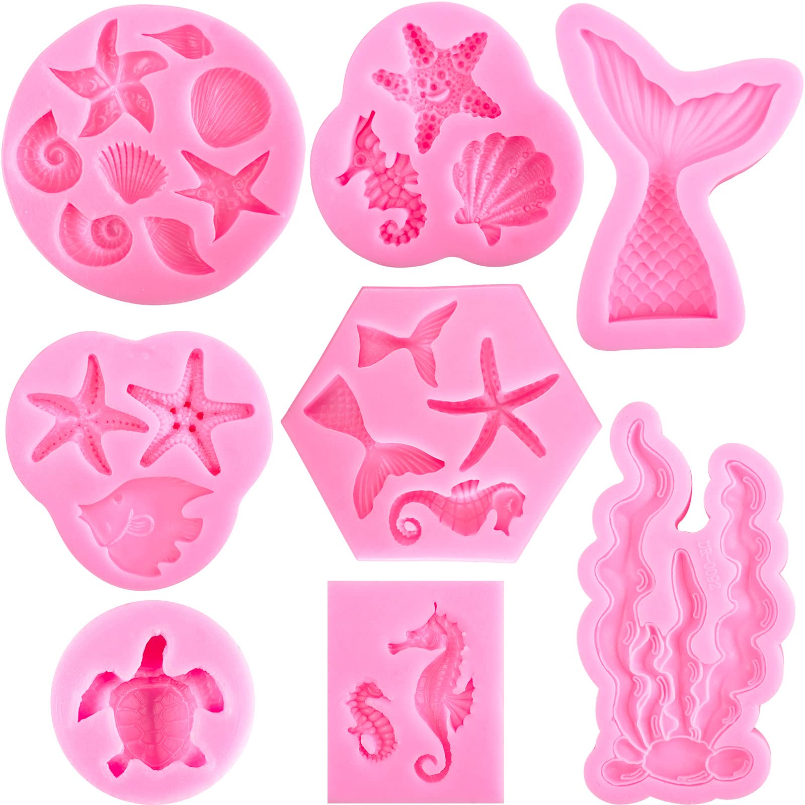 Mermaid Molds Silicone Mermaid Fondant molds Marine Theme Chocolate Polymer Clay Candy Soap Molds Mermaid Tail Seashell Coral Turtle Starfish Seahorse for Homemade Baking DIY