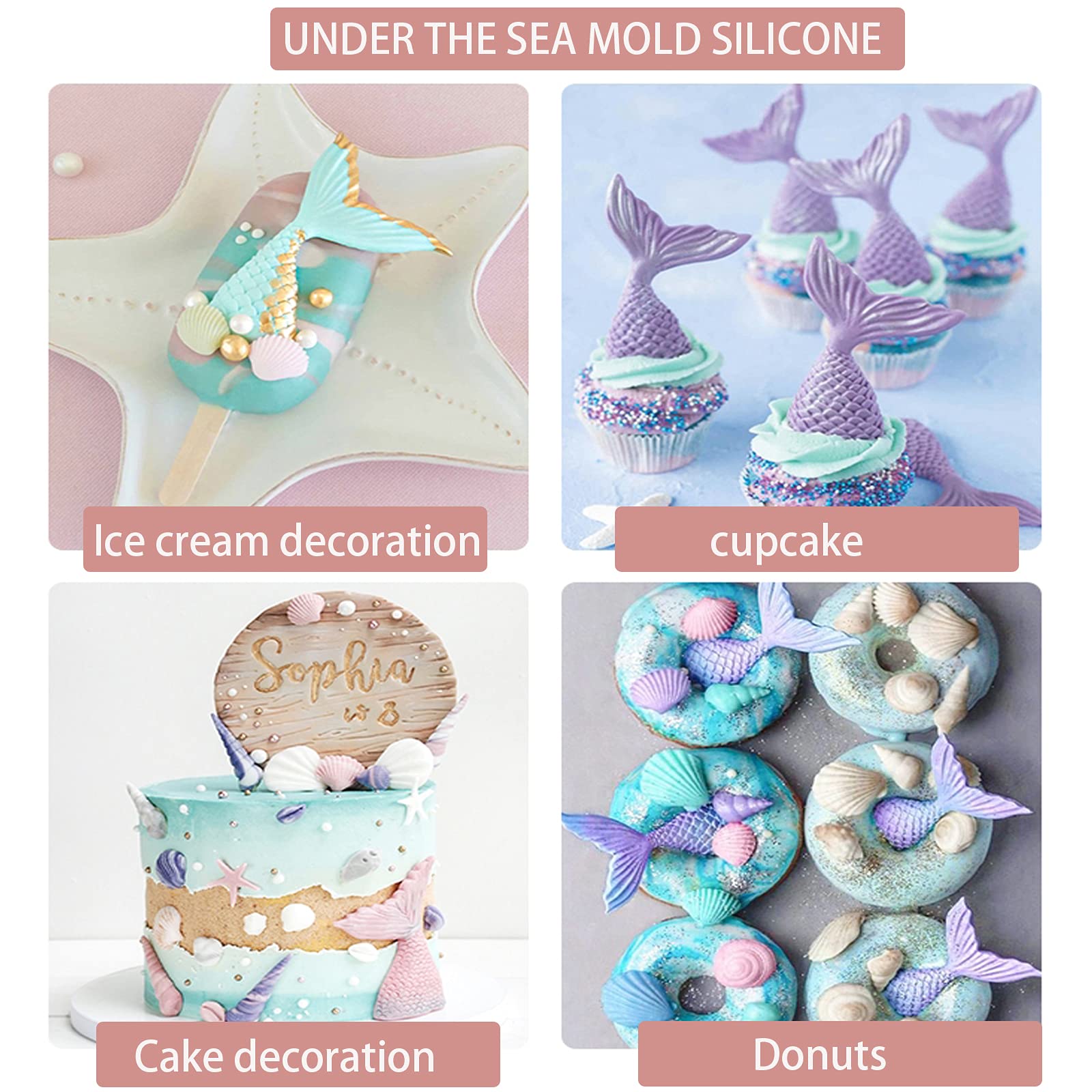 Mermaid Molds Silicone Mermaid Fondant molds Marine Theme Chocolate Polymer Clay Candy Soap Molds Mermaid Tail Seashell Coral Turtle Starfish Seahorse for Homemade Baking DIY