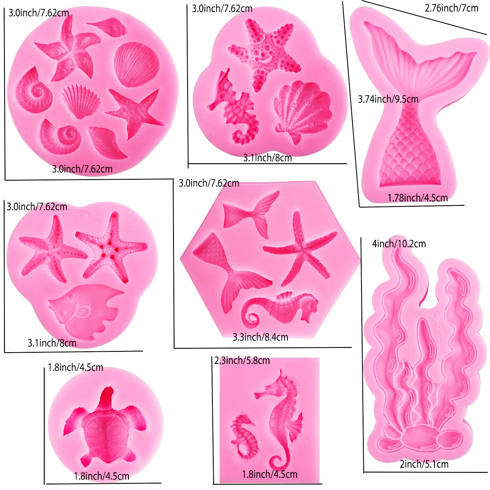 Mermaid Molds Silicone Mermaid Fondant molds Marine Theme Chocolate Polymer Clay Candy Soap Molds Mermaid Tail Seashell Coral Turtle Starfish Seahorse for Homemade Baking DIY