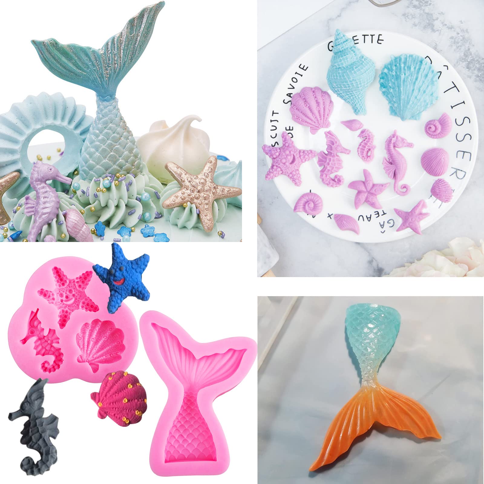 Mermaid Molds Silicone Mermaid Fondant molds Marine Theme Chocolate Polymer Clay Candy Soap Molds Mermaid Tail Seashell Coral Turtle Starfish Seahorse for Homemade Baking DIY