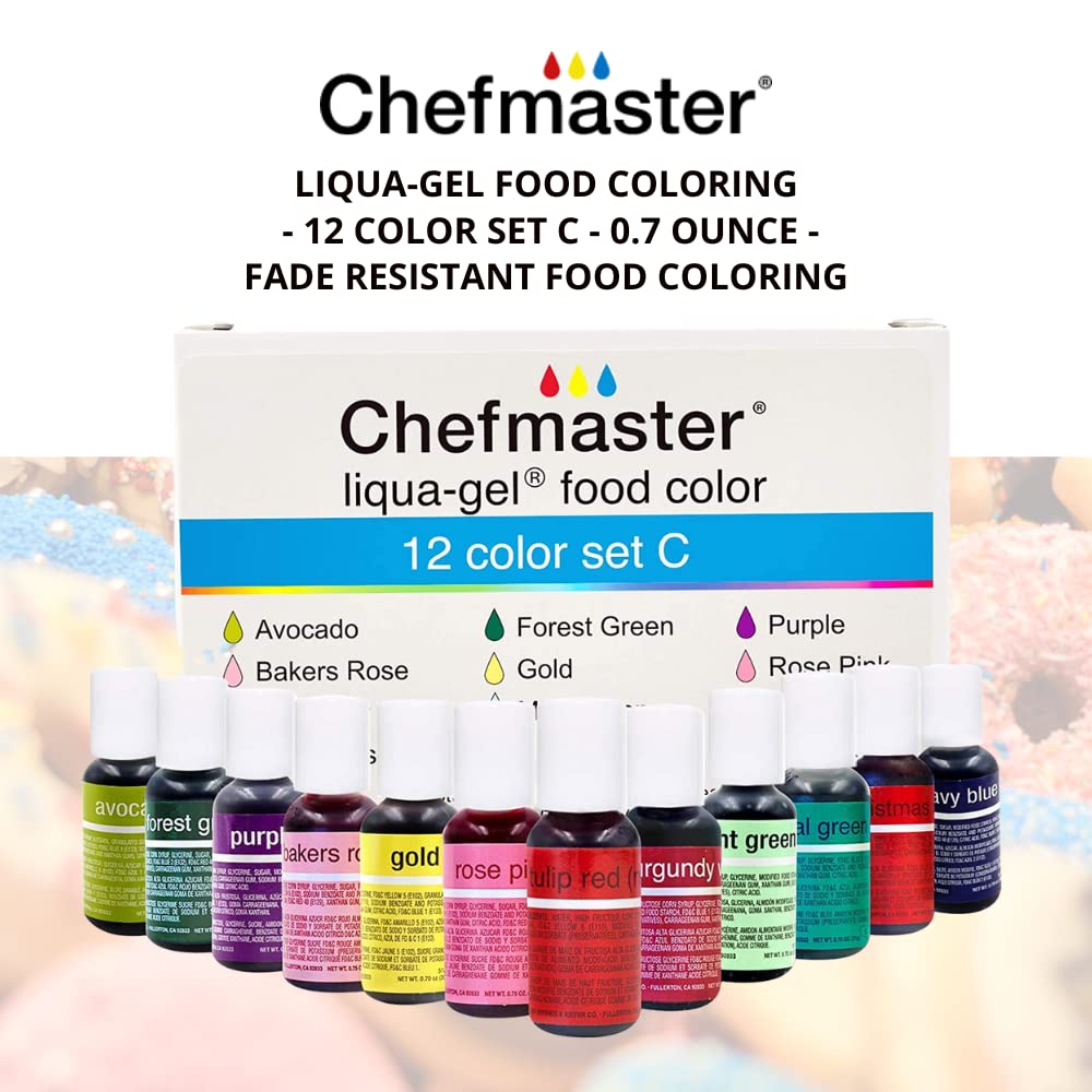 Chefmaster - Liqua-Gel Food Coloring - 12 Color Set C - Fade Resistant - 12 Pack - Vibrant, Eye-Catching Colors, Easy-To-Blend Formula - Made in the USA