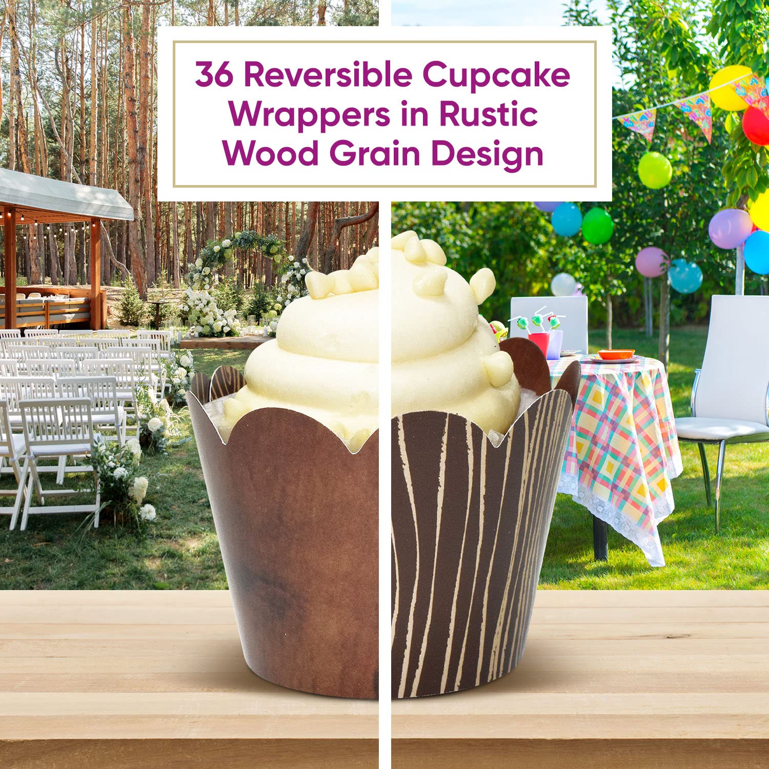 Wood Grain Cupcake Wrapper, Woodland Wood Themed - Wild One Birthday Decoration, Nature Cupcake Party Decor Supplies for Baby Shower, Brunch, Wedding, Dessert Skirtz-Confetti Couture (36)