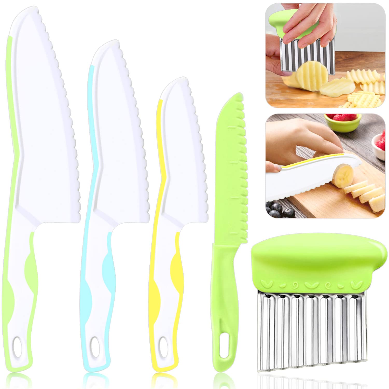 TAORISH 5 Pcs Kids Knives, Kids Safe Cooking Knife, Plastic Kids Kitchen Knife Set with Crinkle Cutter, Serrated Edges Toddler Knife Kids Knives for Real Cooking & Cutting Fruit, Bread, Vegetable