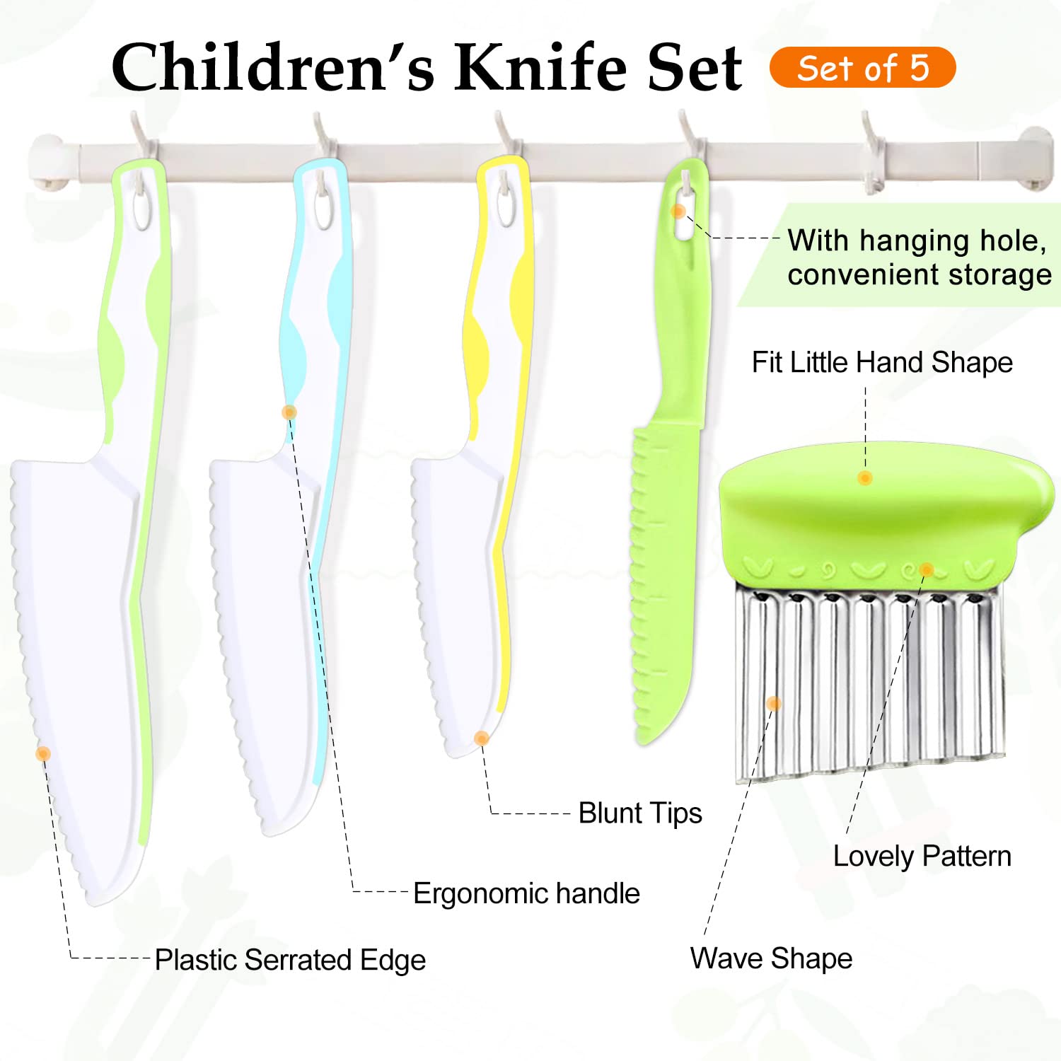 TAORISH 5 Pcs Kids Knives, Kids Safe Cooking Knife, Plastic Kids Kitchen Knife Set with Crinkle Cutter, Serrated Edges Toddler Knife Kids Knives for Real Cooking & Cutting Fruit, Bread, Vegetable