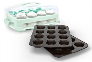 top shelf elements cupcake carrier with two muffin pan/cupcake pan stylish cupcake carrier with handle carrier holds 24 cupcakes muffin tin holds 12 cupcakes non stick cupcake tray for baking (green)