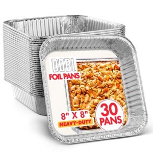 dobi 8x8 aluminum pans (30 pack) - disposable 8 inch square foil baking pans. durable standard-size tins for cakes, brownies and casseroles