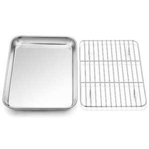 p&p chef toaster oven tray and rack set, stainless steel baking pan with cooling rack, fit your small oven & single person use, non toxic & easy clean