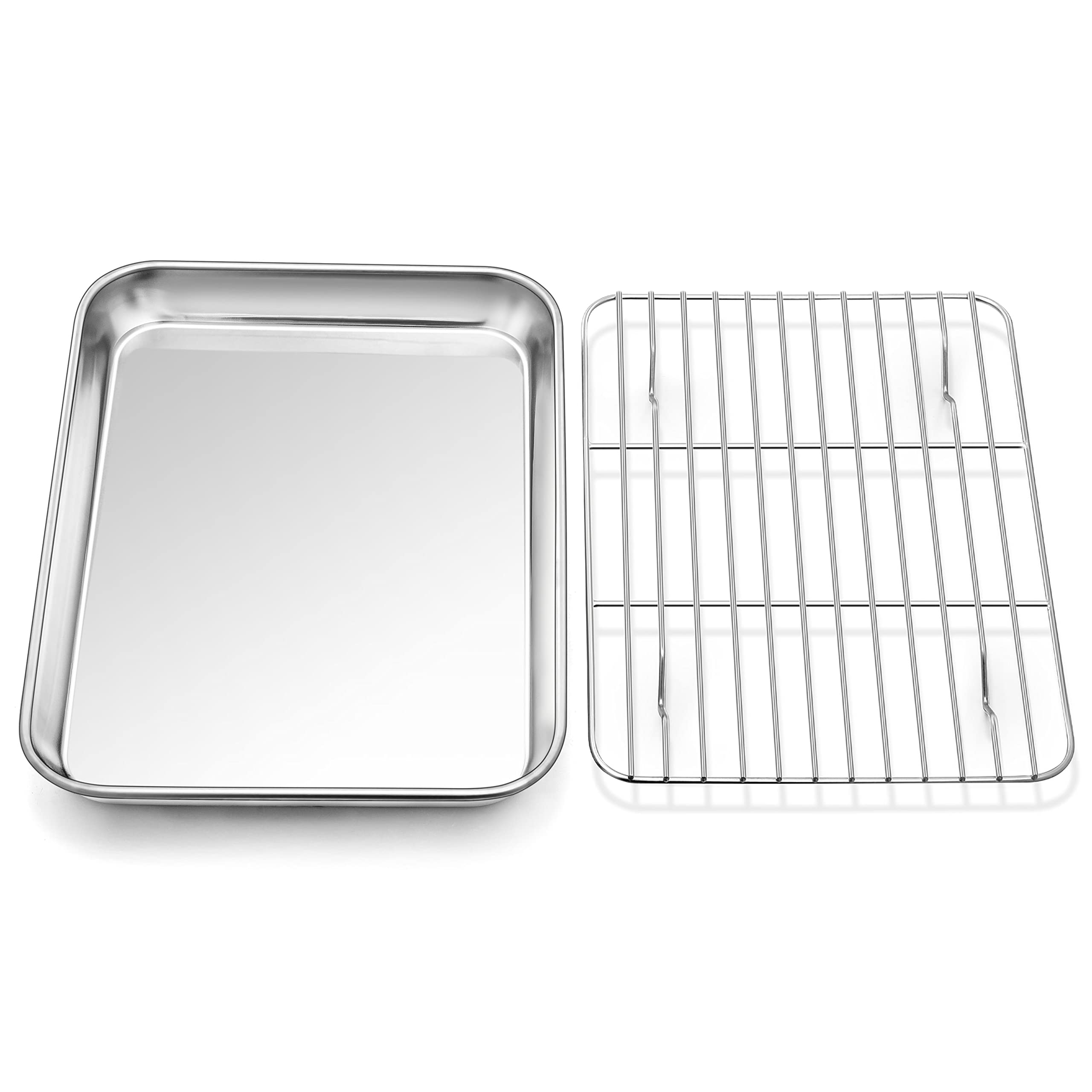 P&P CHEF Toaster Oven Tray and Rack Set, Stainless Steel Baking Pan with Cooling Rack, Fit Your Small Oven & Single Person Use, Non Toxic & Easy Clean