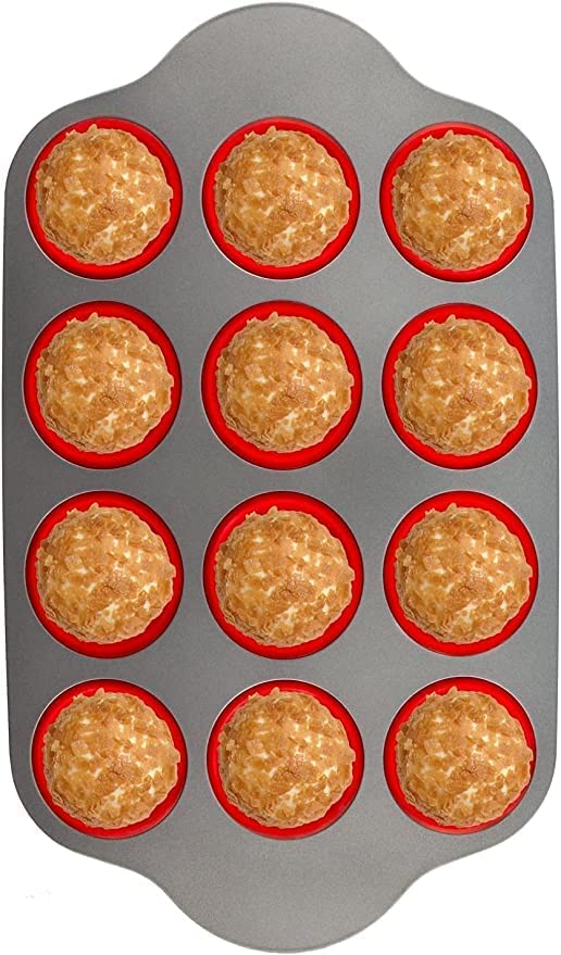 Boxiki Kitchen Non-Stick 12 Cup Silicone Muffin Pan With Steel Frame - BPA Free, Non-Toxic, Anti-Warp, Durable & Easy to Pop Silicone Muffin Tin - Perfect Cupcake Pan