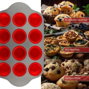 Boxiki Kitchen Non-Stick 12 Cup Silicone Muffin Pan With Steel Frame - BPA Free, Non-Toxic, Anti-Warp, Durable & Easy to Pop Silicone Muffin Tin - Perfect Cupcake Pan