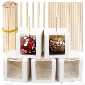 fireboomoon 30 pcs white kraft candy apple boxes with holes and sticks,caramel candied apple cake cookies chocolate gift boxes with clear window for wedding,party,baby shower(4" x 4" x 4")