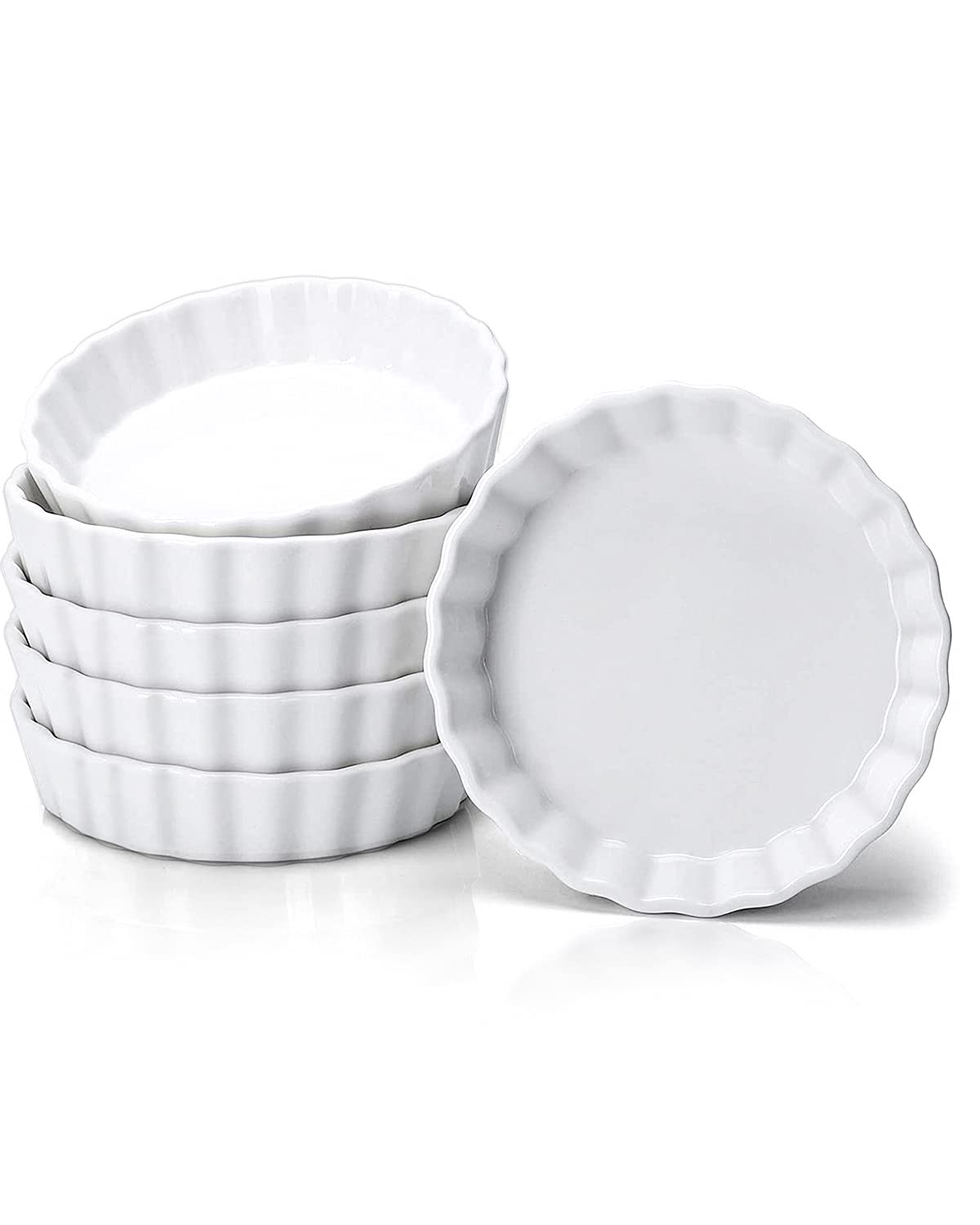 Taeochiy 8 Oz Creme Brulee Ramekins, Porcelain Ramekins Oven Safe, Round Tart Pan Mini Fluted Quiche Dishes, Set of 6, White