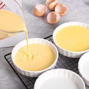 Taeochiy 8 Oz Creme Brulee Ramekins, Porcelain Ramekins Oven Safe, Round Tart Pan Mini Fluted Quiche Dishes, Set of 6, White