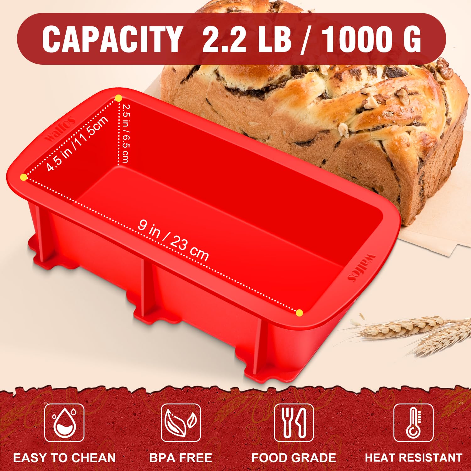 Walfos Silicone Bread Loaf Pan，9 x 5 inch Non-Stick Silicone Loaf Pans For Baking Set of 2，Perfect For Bread, Cake, Meatloaf, BPA Free and Dishwasher Safe