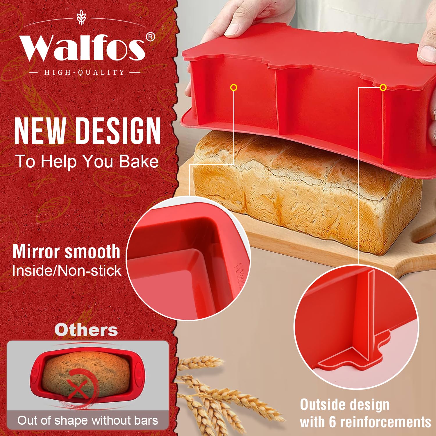 Walfos Silicone Bread Loaf Pan，9 x 5 inch Non-Stick Silicone Loaf Pans For Baking Set of 2，Perfect For Bread, Cake, Meatloaf, BPA Free and Dishwasher Safe