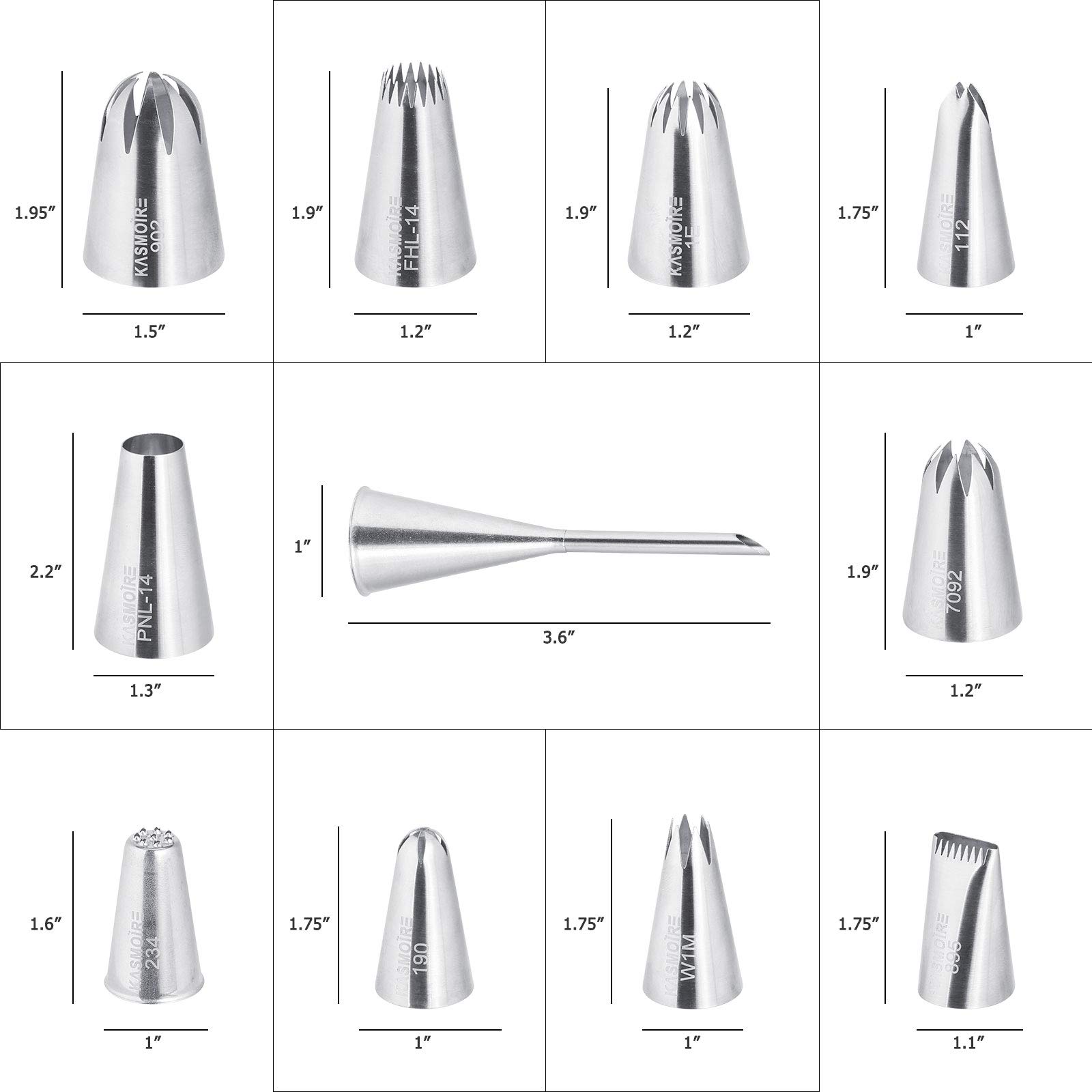 Kasmoire 11 Pcs Extra Large Piping Tip Set,Stainless Steel Cake Decorating Icing Tips Nozzles,Professional Pastry Tips for Cupcake, Cookie and Puff