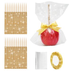 anglecai 24pcs candy apple bamboo stick kit, 24p bling stick for apple rhinestone wooden skewers, with 24p bags, 1p 25 yard glitter ribbon, bling stick for caramel apple lollipop crispy treat