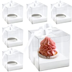 gothabach 20 pcs clear cupcake containers with ribbons, 3.5'' clear boxes for cupcakes, wedding party cupcake carriers with inserts and ribbon, clear cupcake display boxes (white)