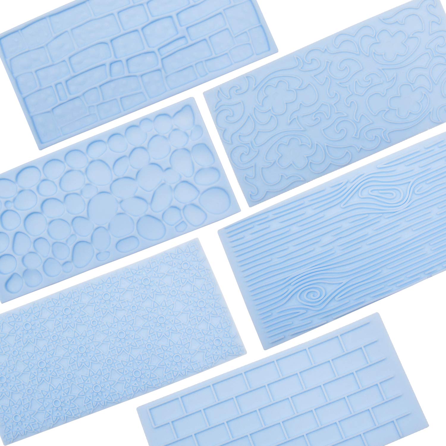 6 Packs Fondant Impression Mat Mold Set Fondant Molds for Cake Decorating, Embossed Tree Bark/Brick Wall/Flower/Cobblestone/Stone Wall Flower Vine Lace Texture Design