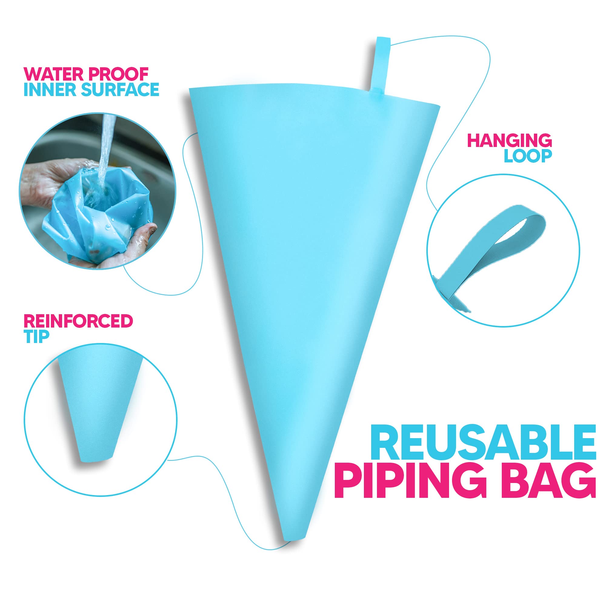 Riccle Reusable Piping Bag and Tips Set - Strong Silicone Icing Bag and Tips - Ideal Icing Piping Kit of 2 Reusable Pastry Bag,2 Coupler, 10 Icing and Frosting Tips with 2 Bag Ties
