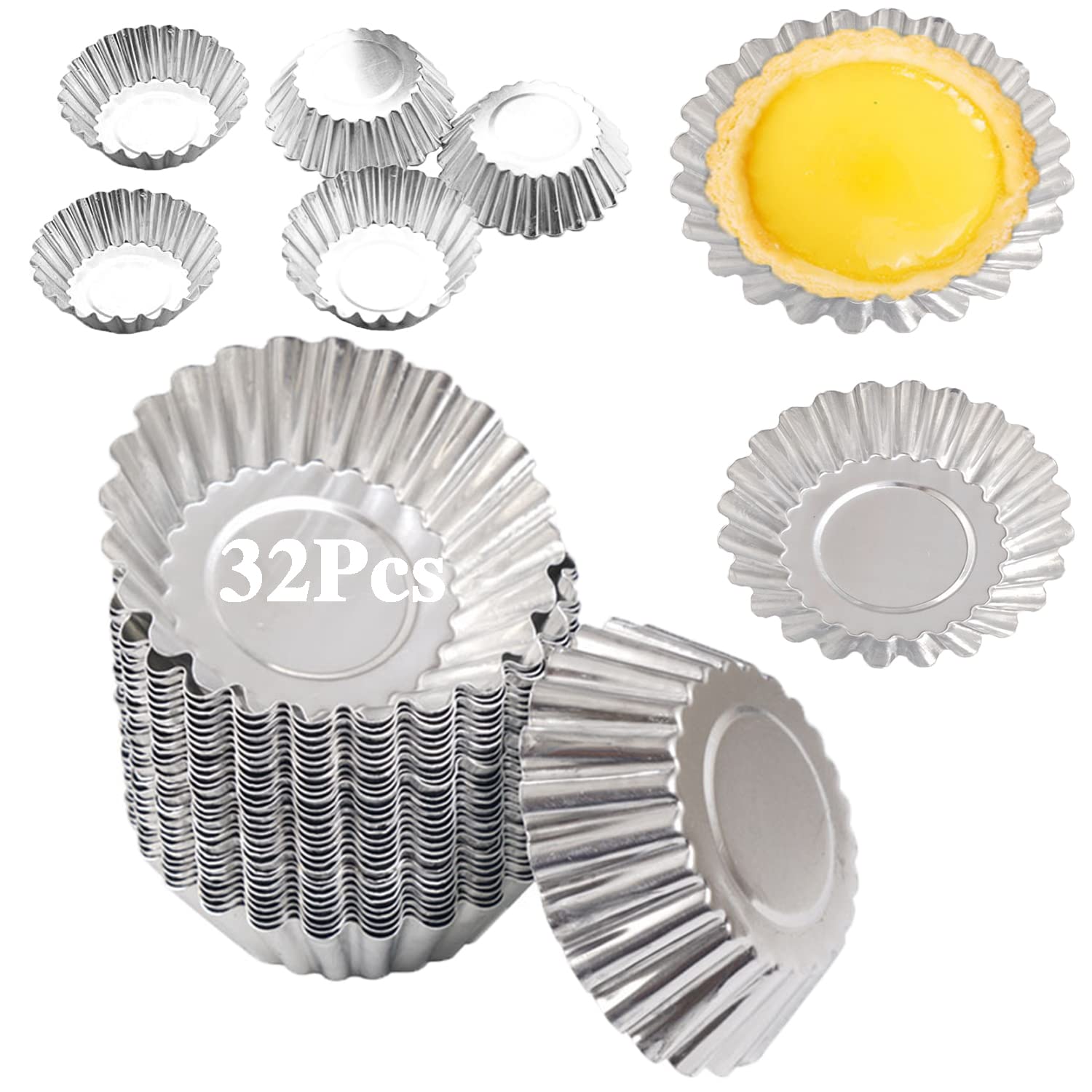 Xstronq Egg Tart Molds 32Pack Tart Pan 2.75inch, Mini Tart Tins Aluminium Mini Tart Pans for Baking (32Pack-2.75inch)