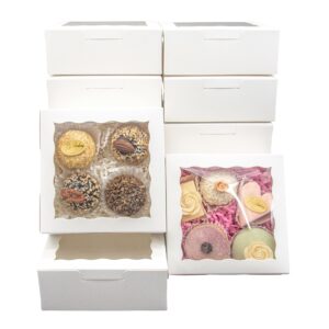 QULIT 50pcs 5x5x2 Inch Cookie Boxes with Window White Bakery Boxes Pastry Boxes for Macaroon Dessert Cupcake Donut Pastry Muffins