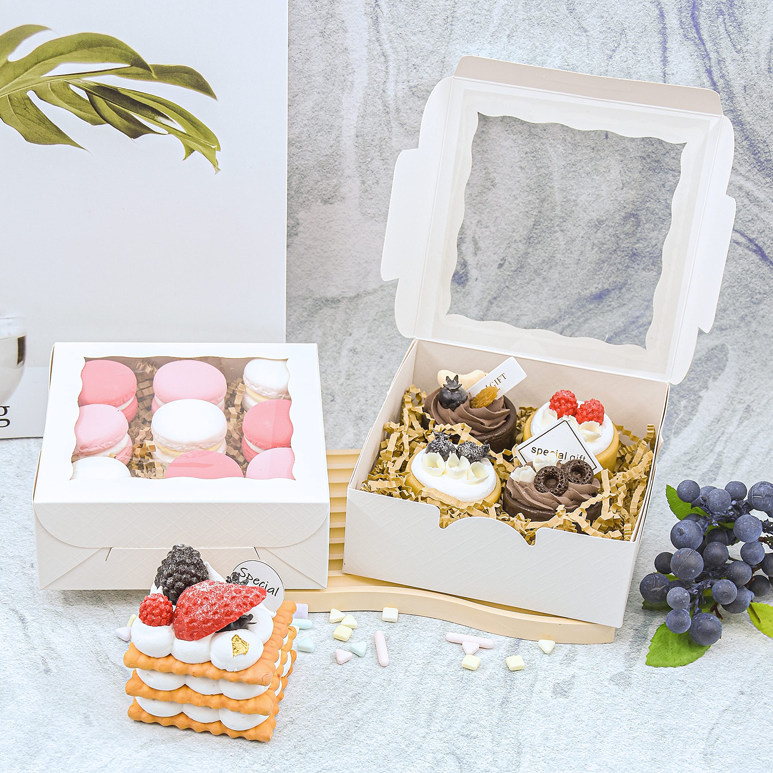 QULIT 50pcs 5x5x2 Inch Cookie Boxes with Window White Bakery Boxes Pastry Boxes for Macaroon Dessert Cupcake Donut Pastry Muffins