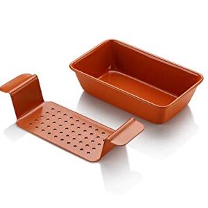 Volar Non-Stick Meatloaf Pan 2-Piece Healthy Meatloaf Pan Set Copper Coating With Removable Tray Drains Grease