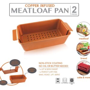 Volar Non-Stick Meatloaf Pan 2-Piece Healthy Meatloaf Pan Set Copper Coating With Removable Tray Drains Grease