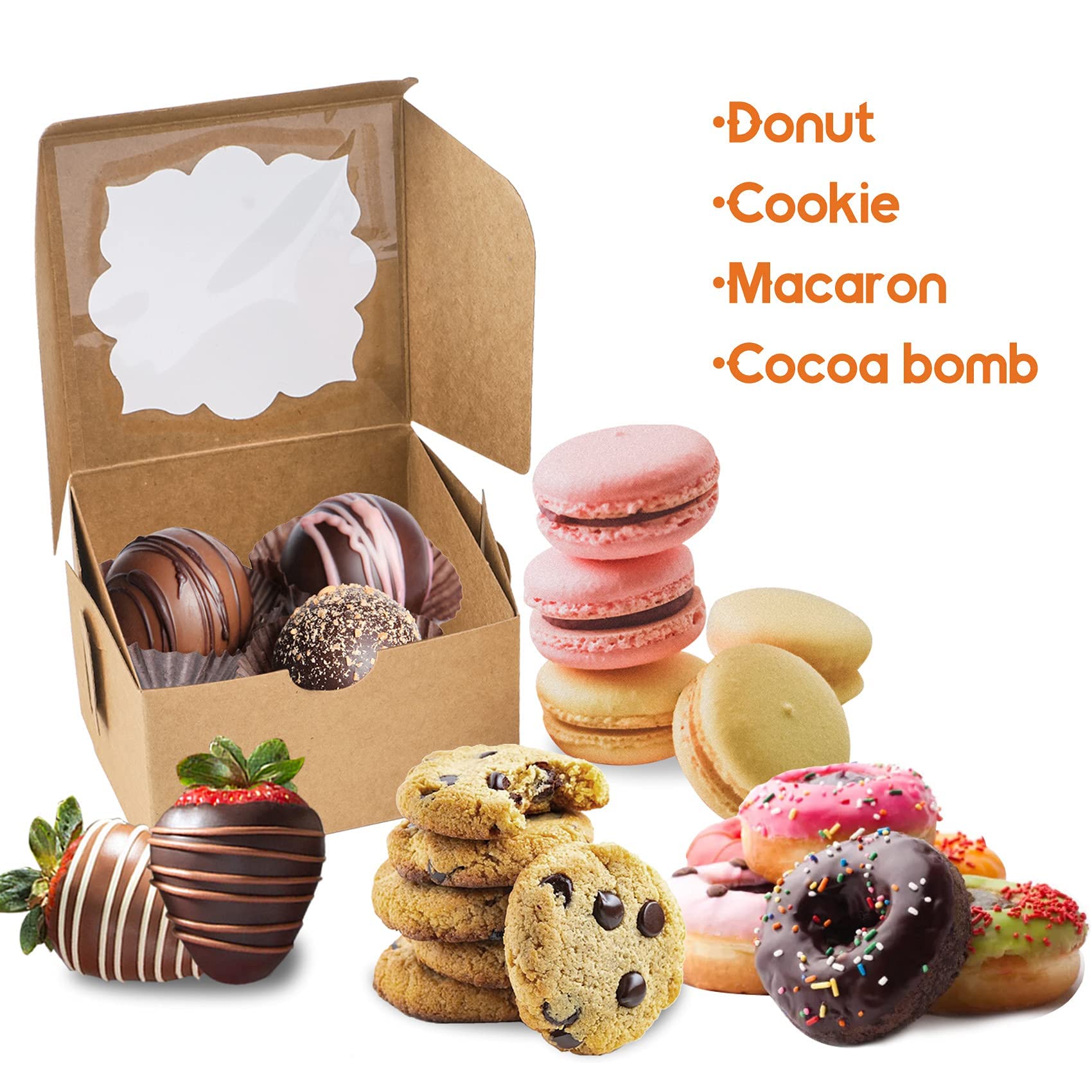 YunKo 50 Pack Cookie Boxes 4x4x2.5 Inches Bakery Boxes Dessert Boxes with Window for Chocolate Strawberries Muffins Donuts (Brown)