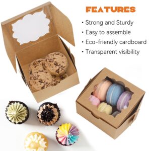 YunKo 50 Pack Cookie Boxes 4x4x2.5 Inches Bakery Boxes Dessert Boxes with Window for Chocolate Strawberries Muffins Donuts (Brown)