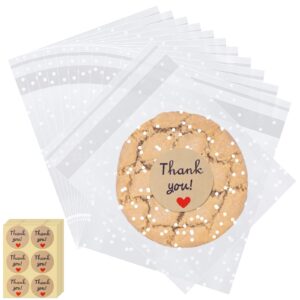 100pcs white polka dot treat bags self adhesive candy cookie bags for gift giving with stickers(3.94 x 3.94 inches)