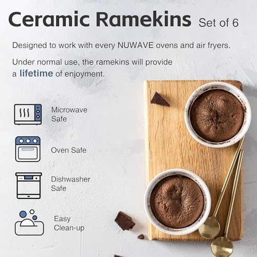 Nuwave Ceramic Ramekins 8 oz, Set of 6, Elegant Classic Style for Baking Souffles, Creme Brulées, Custards, Puddings, 4.3” Wide & 2” Tall, Microwave, Oven & Dishwasher-Safe, Ivory White
