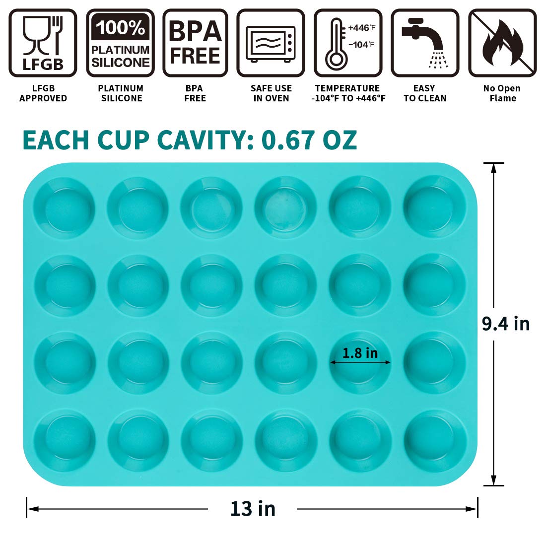 CAKETIME Silicone Muffin Pan - 24 Mini Cupcake Pan Silicone Molds BPA Free 100% Food Grade Mini Muffin Pan, Pinch Test Approved, Pack of 2