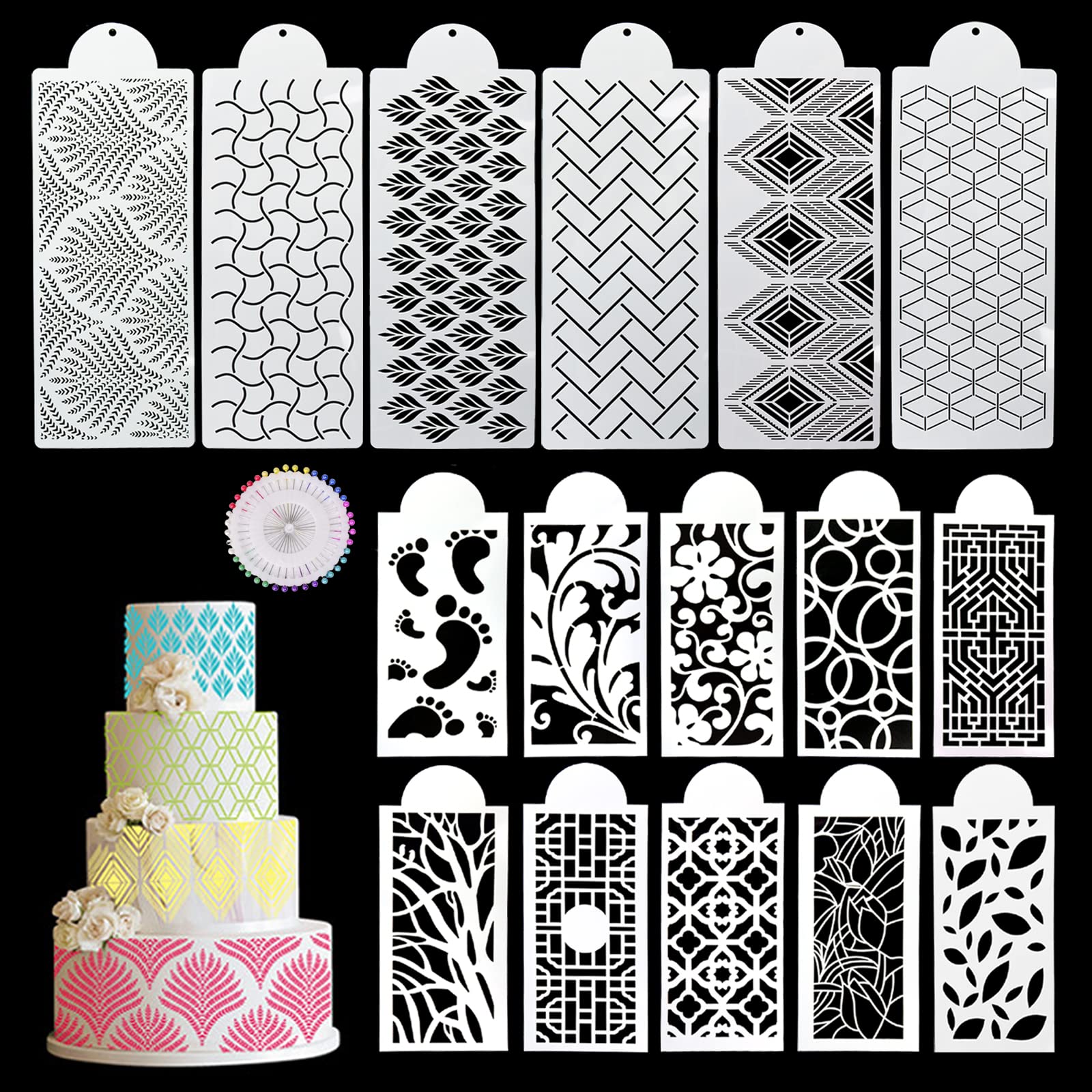 DI QIU REN 16PCS Cake Stencils Decorating Buttercream, 15X5.9 Inch Fondant Stencil for Cake Decoration Lace Cake Stencil & Template, Geometric Icing Stencil Cake Printing Mold Side Baking Mesh Stencil