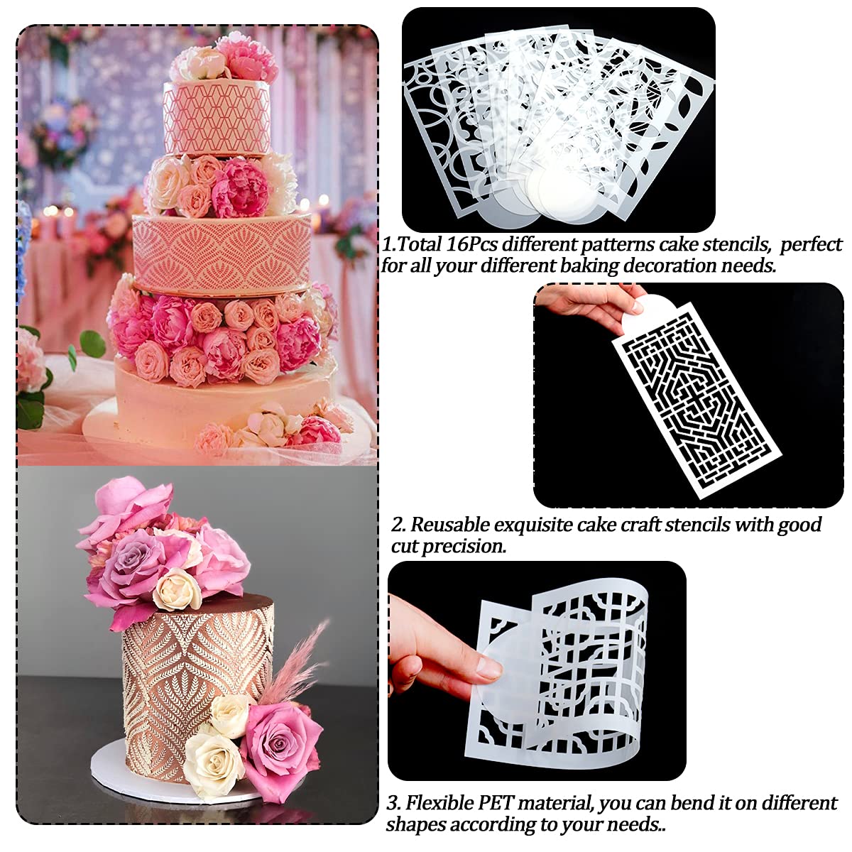 DI QIU REN 16PCS Cake Stencils Decorating Buttercream, 15X5.9 Inch Fondant Stencil for Cake Decoration Lace Cake Stencil & Template, Geometric Icing Stencil Cake Printing Mold Side Baking Mesh Stencil