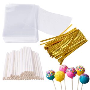 Augshy 300 Pcs Cake Pop Sticks and Wrappers Including 100 Pack Cake Pop Bags,100 Pack Cake Pop Sticks and 100 Pack Golden Ties for Lollipop Wrappers