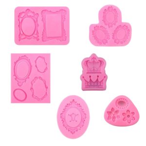 photo frame fondant mold - 6 pack picture frames crown flower silicone mold for cake decorating, sugar, gum paste, chocolate, cookies, resin, polymer clay - pink