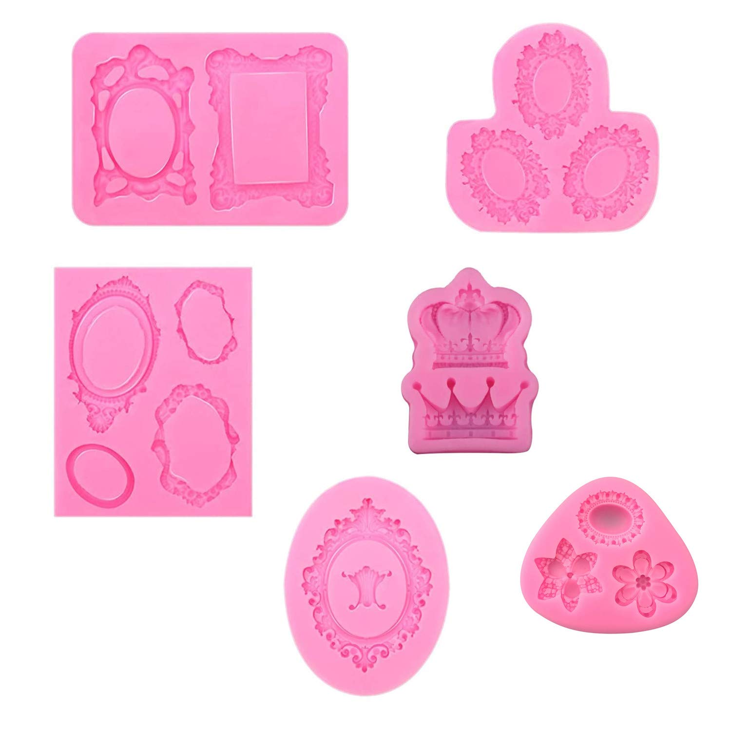 Photo Frame Fondant Mold - 6 Pack Picture Frames crown flower Silicone Mold for Cake Decorating, Sugar, Gum Paste, Chocolate, Cookies, Resin, Polymer Clay - Pink