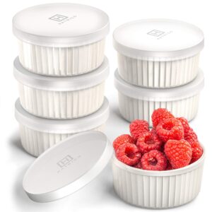 hatrigo porcelain ramekins with silicone storage lids, set of 6 assorted colors, ramekins 6 oz oven safe, 450 deg f, dishwasher safe
